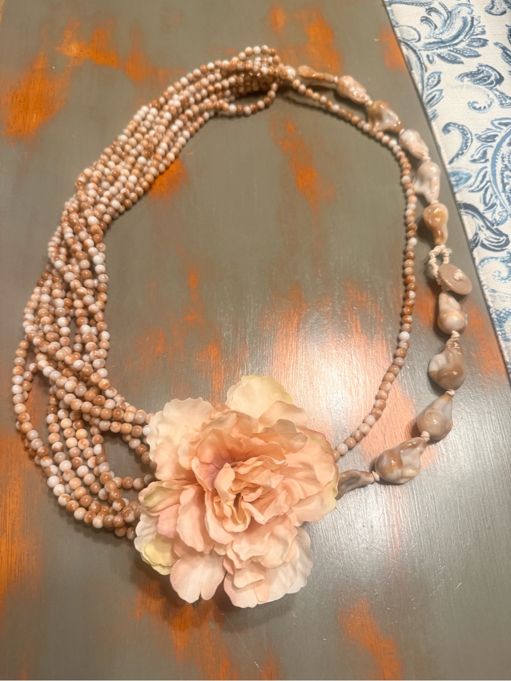 Aratta Peach-Pink Multi-Strand Beaded Necklace with Fabric Flower